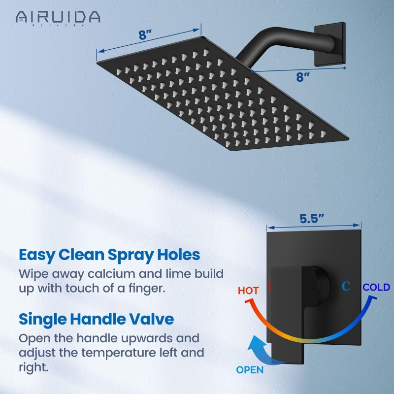 Airuida Shower Faucet Set Bathroom Rain Shower System 8 Inch Square Showerhead Single Function 1 Handle Trim Kit with Female Thread Rough-in Valve Cover Plate with H and C Labels Matte Black - Image 4